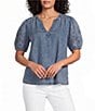 Intro Split V-Neck Embroidered Elbow Puff Sleeve Denim Blouse - Image 1