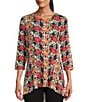 Color:Sand Tropical Floral Print - Image 1 - Tropical Floral Print Scoop Neck 3/4 Sleeve Pleated Back High-Low Hem Legging Tee Shirt