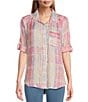 Color:Aurora Pink Shadow Stripe - Image 1 - Watercolor Plaid Woven Point Collar 3/4 Roll-Tab Sleeve Button-Front Tunic