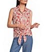 Intro Woven Abstract Leaf Print Point Collar Sleeveless Tie Hem Button-Front Shirt - Image 1