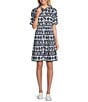 Intro Woven Geometric Print Point Collar 3/4 Roll-Tab Sleeve Tiered Button Front Shirt Dress, Color:Industrial Blue/Geometric Print - Image 1