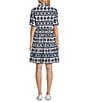 Intro Woven Geometric Print Point Collar 3/4 Roll-Tab Sleeve Tiered Button Front Shirt Dress, Color:Industrial Blue/Geometric Print - Image 2