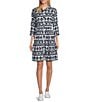 Intro Woven Geometric Print Point Collar 3/4 Roll-Tab Sleeve Tiered Button Front Shirt Dress, Color:Industrial Blue/Geometric Print - Image 3
