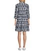 Intro Woven Geometric Print Point Collar 3/4 Roll-Tab Sleeve Tiered Button Front Shirt Dress, Color:Industrial Blue/Geometric Print - Image 4