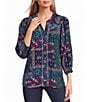 Woven Insignia Blue Embroidered Y-Neck 3/4 Elastic Cuffed Sleeves Button Front Shirt - Image 1