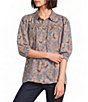 Intro Woven Jacobean Denim Print Point Collar Long Roll-Tab Sleeve Button-Front Shirt - Image 1