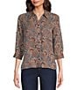 Intro Jacobean Print Lyocell 3/4 Roll-Tab Sleeve Button Front Top - Image 1