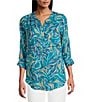 Intro Woven Mosaic Blue Split V-Neck 3/4 Roll-Tab Sleeve Button Front Shirt, Color:Mosaic Blue - Image 1