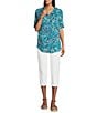 Intro Woven Mosaic Blue Split V-Neck 3/4 Roll-Tab Sleeve Button Front Shirt, Color:Mosaic Blue - Image 3