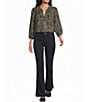 Intro Woven Olive Sprig Embroidered Y-Neck 3/4 Cuffed Sleeve Button Front Shirt - Image 3