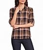 Intro Woven Plaid Point Collar Double Puff Elbow Length Sleeve Front Button Placket Shirt - Image 5