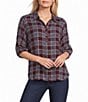 Intro Woven Plaid Point Collar Double Puff Elbow Length Sleeve Front Button Placket Shirt - Image 1