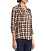 Intro Woven Point Monks Robe Plaid Print Collar Long Roll-Tab Sleeve Button-Front Denim Shirt - Image 3