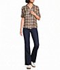 Intro Woven Point Monks Robe Plaid Print Collar Long Roll-Tab Sleeve Button-Front Denim Shirt - Image 4