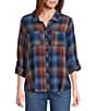 Intro Woven Pucker Plaid Blue Quartz Point Collar 3/4 Rolled-Tab Sleeve Button Front Shirt, Color:Blue Quartz - Image 1