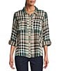 Intro Woven Pucker Plaid Cubb Point Collar 3/4 Rolled-Tab Sleeve Button Front Shirt, Color:Cubb - Image 1