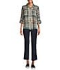 Intro Woven Pucker Plaid Cubb Point Collar 3/4 Rolled-Tab Sleeve Button Front Shirt, Color:Cubb - Image 5
