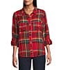 Intro Woven Pucker Plaid New Red Admore Point Collar 3/4 Rolled-Tab Sleeve Button Front Shirt, Color:New Red Admore/Gold Lurex - Image 3