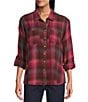 Intro Woven Pucker Plaid Red Bud Point Collar 3/4 Rolled-Tab Sleeve Button Front Shirt, Color:Red Bud - Image 1