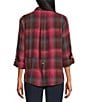 Intro Woven Pucker Plaid Red Bud Point Collar 3/4 Rolled-Tab Sleeve Button Front Shirt, Color:Red Bud - Image 2