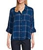 Intro Woven Pucker Plaid Turblence Point Collar 3/4 Rolled-Tab Sleeve Button Front Shirt, Color:Turblence - Image 1