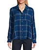 Intro Woven Pucker Plaid Turblence Point Collar 3/4 Rolled-Tab Sleeve Button Front Shirt, Color:Turblence - Image 3