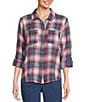 Intro Woven Pucker Plaid Wineberry Point Collar 3/4 Rolled-Tab Sleeve Button Front Shirt, Color:Wineberry - Image 1