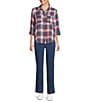 Intro Woven Pucker Plaid Wineberry Point Collar 3/4 Rolled-Tab Sleeve Button Front Shirt, Color:Wineberry - Image 5