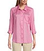 Color:Aurora Pink Stripe - Image 1 - Woven Solid Stripe Print Point Collar 3/4 Roll-Tab Sleeve High-Low Hem Button-Front Shirt