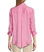 Color:Aurora Pink Stripe - Image 2 - Woven Solid Stripe Print Point Collar 3/4 Roll-Tab Sleeve High-Low Hem Button-Front Shirt