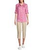 Color:Aurora Pink Stripe - Image 3 - Woven Solid Stripe Print Point Collar 3/4 Roll-Tab Sleeve High-Low Hem Button-Front Shirt