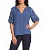 Intro Woven Split Ruffle V-Neck Embroidered Elbow Length Sleeve Top - Image 1