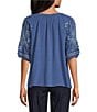 Intro Woven Split Ruffle V-Neck Embroidered Elbow Length Sleeve Top - Image 2
