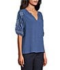 Intro Woven Split Ruffle V-Neck Embroidered Elbow Length Sleeve Top - Image 3