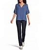 Intro Woven Split Ruffle V-Neck Embroidered Elbow Length Sleeve Top - Image 4