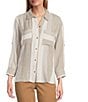 Intro Woven Stripe Point Collar Long Roll-Tab Sleeve Button Front Shirt, Color:Soft Sage - Image 1