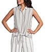 Intro Woven Stripe Point Collar Sleeveless Button-Front Tie Hem Shirt - Image 1