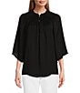 Color:Black - Image 1 - 3/4 Sleeve Smocked Ruffle Y-Neck Partial Button Front Top