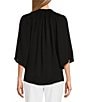 Color:Black - Image 2 - 3/4 Sleeve Smocked Ruffle Y-Neck Partial Button Front Top