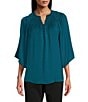 Color:Deep Lagoon - Image 1 - 3/4 Sleeve Smocked Ruffle Y-Neck Partial Button Front Top