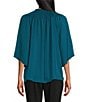 Color:Deep Lagoon - Image 2 - 3/4 Sleeve Smocked Ruffle Y-Neck Partial Button Front Top