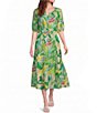 Investments Abstract Tropical Short Cuff Sleeve Split Round Neck Crinkle Dress - Image 1