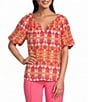 Investments Bold Geo Stripe Print 3/4 Bubble Sleeve Split Round Neck Blouse - Image 1
