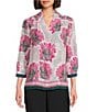 Investments Caroline Signature Linear Floral Border Print 3/4 Sleeve Button Front Top, Color:Very Berry Linear/Floral Border - Image 1