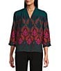 Investments Caroline Signature Stamp Border Print 3/4 Sleeve Button Front Top, Color:Everglade Stamp Border - Image 1