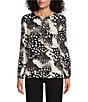 Color:Dynamic Animal - Image 1 - Woven Dynamic Animal Print Pleated Long Sleeve Jewel Neck Covered Half Button Placket Top