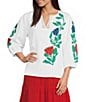 Investments Falling Leaf Print 3/4 Sleeve Embroidery Trim Split V-Neck Coordinating Blouse - Image 1