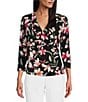 Color:Black Floral Harmony - Image 1 - Knit Black Floral Harmony 3/4 Sleeve Ruffle V-Neck Faux Wrap Top