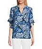 Color:Upbeat Bloom - Image 1 - Laikyn Signature Upbeat Bloom Print V-Neck 3/4 Ruffled Sleeve Top