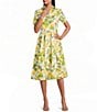 Investments Lemon Print Short Sleeve Button Front Tie Belt Midi Dress - Image 1